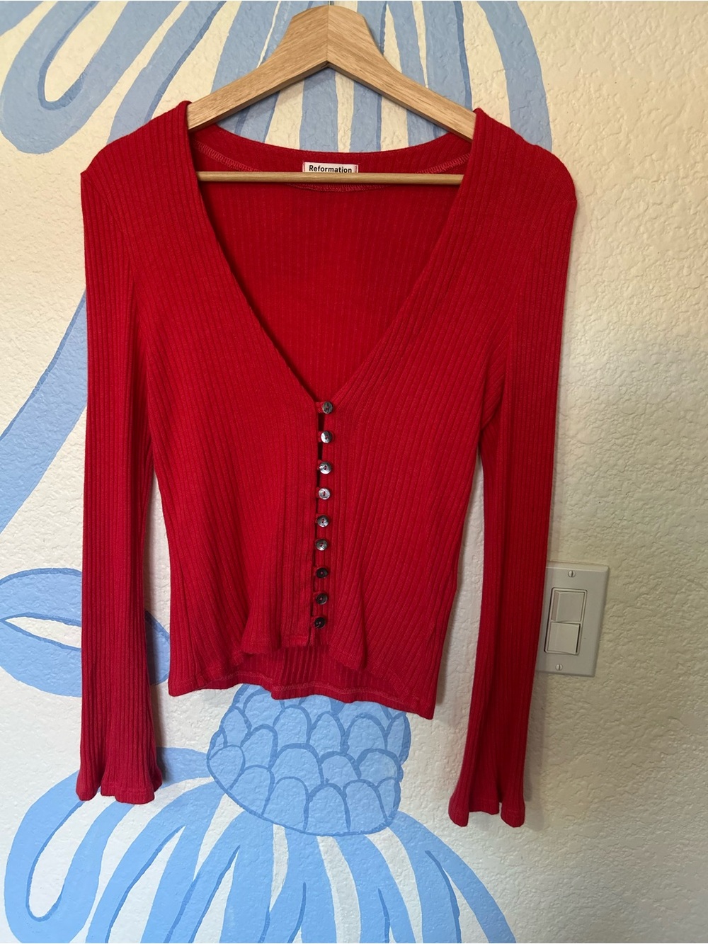 Reformation Red Ribbed V-Neck Button-Front Long Sleeve Top